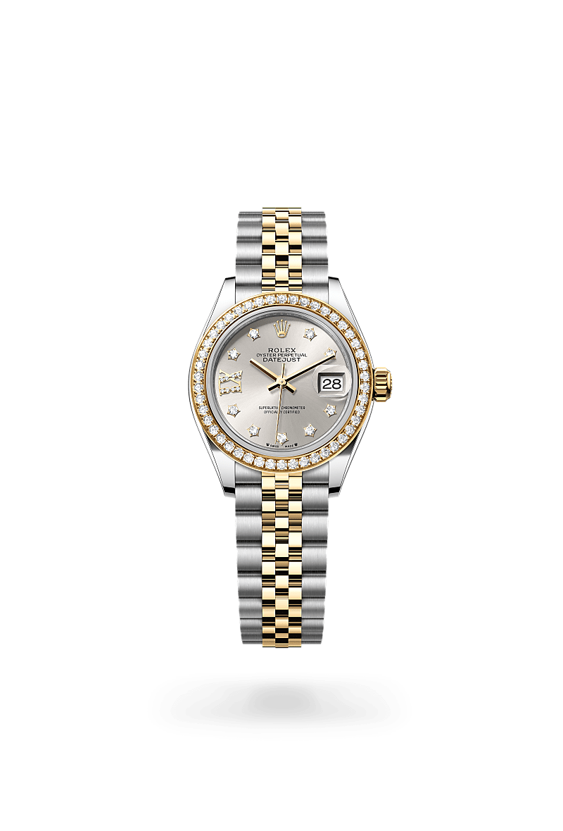 Lady-Datejust,Oyster, 28 mm, acciaio Oystersteel, oro giallo e diamanti